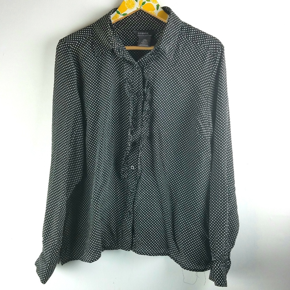Black Button Up White Polka Dots Sz XL